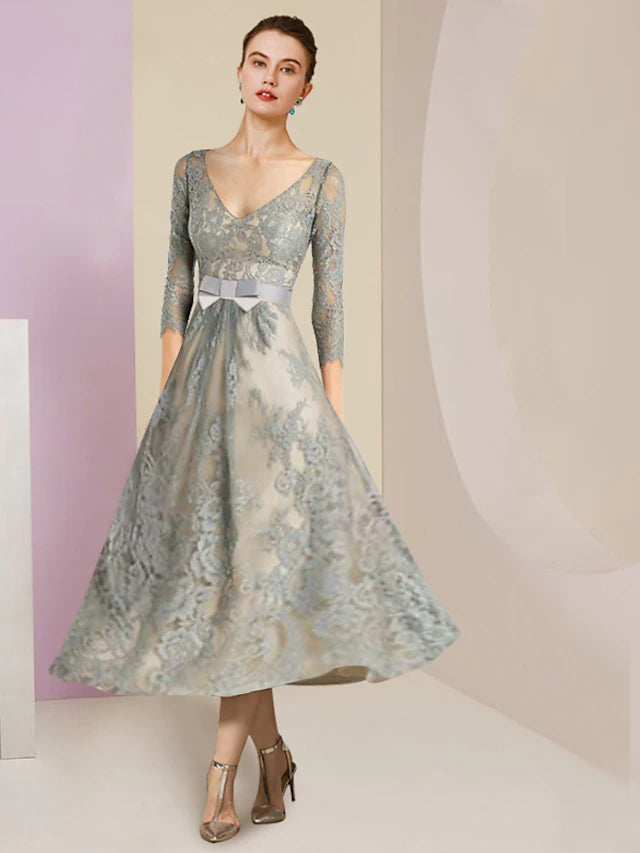 A-Line Mother of the Bride Dress Formal Party Elegant V Neck Tea Lengt ...