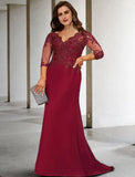 A-Line Mother of the Bride Dresses Plus Size Hide Belly Curve Elegant Dress Formal Court Train 3/4 Length Sleeve V Neck Chiffon with Sequin Slit Appliques