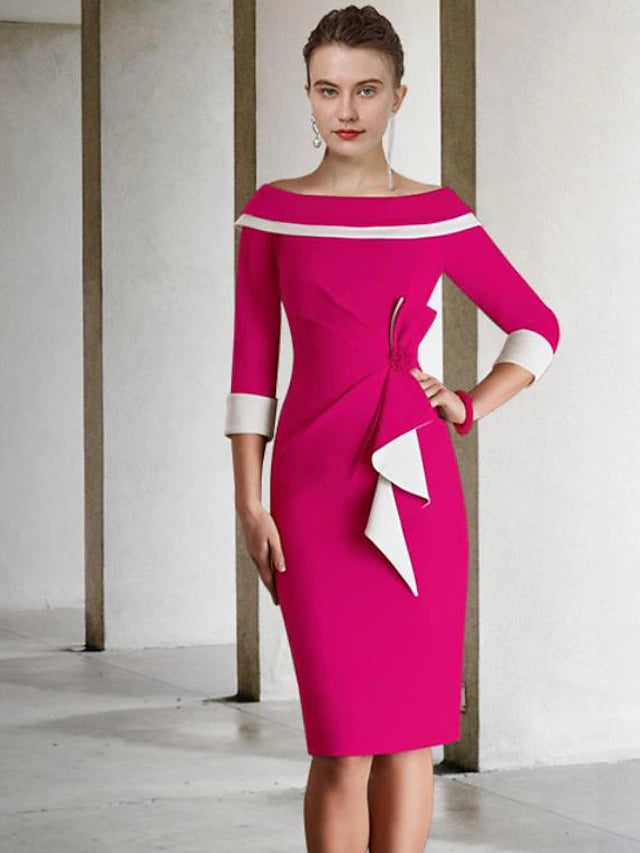 Sheath / Column Mother of the Bride Dress Vintage Elegant Off Shoulder Knee Length Stretch Fabric 3/4 Length Sleeve with Bow(s) Color Block