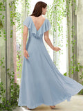 A-Line Bridesmaid Dress V Neck Short Sleeve Elegant Floor Length Chiffon with Pleats / Ruffles / Split Front
