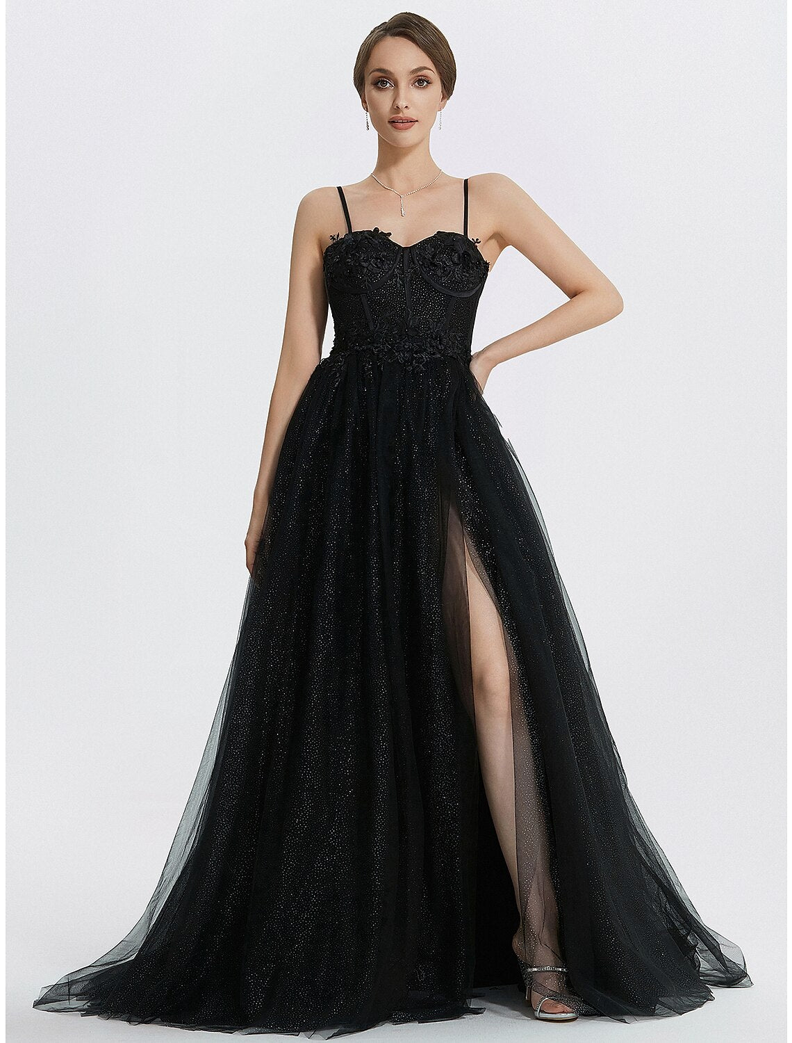 A-Line Prom Dresses Glittering Dress Masquerade photoshoot Floor Length Sleeveless Sweetheart Tulle with Appliques