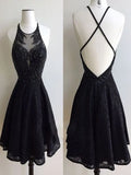 A-line Round Neck Backless Short Lace Prom Dresses Formal Dresses