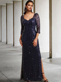 Sheath / Column Mother of the Bride Dress Elegant Sparkle & Shine Square Neck Floor Length Tulle Sequined 3/4 Length Sleeve with Beading Sequin Split Front