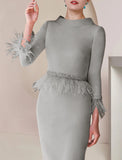 Sheath / Column Mother of the Bride Dress Formal Wedding Guest Party Elegant Scoop Neck Tea Length Satin 3/4 Length Sleeve with Feather Beading