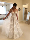Beach Boho Wedding Dresses A-Line V Neck Sleeveless Sweep / Brush Train Lace Bridal Gowns With Appliques Summer Fall Wedding Party