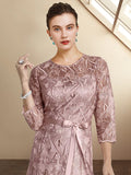 A-Line Mother of the Bride Dress Elegant Jewel Neck Tea Length Lace Charmeuse 3/4 Length Sleeve with Sash / Ribbon Bow(s) Appliques