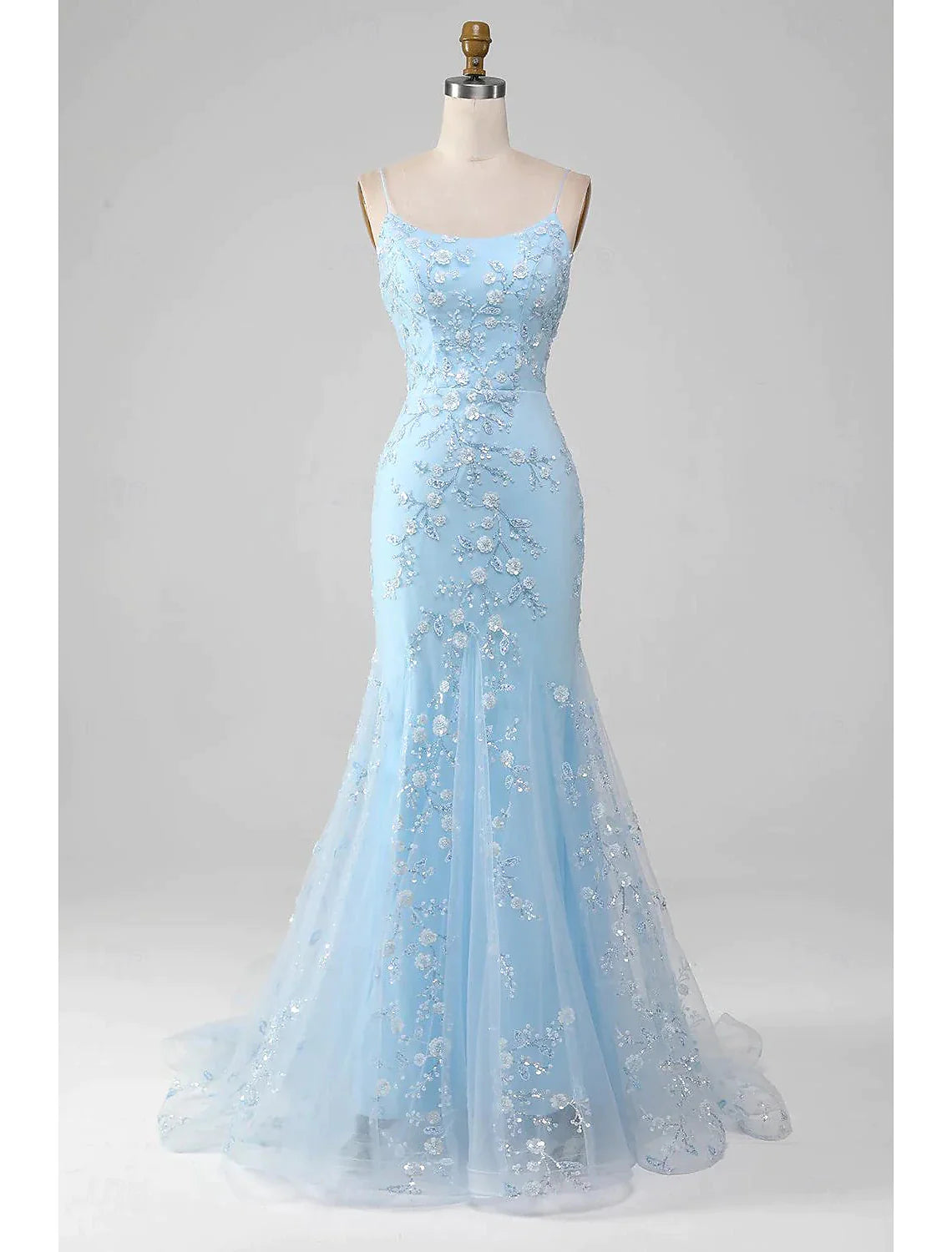 Mermaid / Trumpet Prom Dresses Elegant Dress Formal Floor Length Sleeveless Spaghetti Strap Tulle with Sequin Appliques