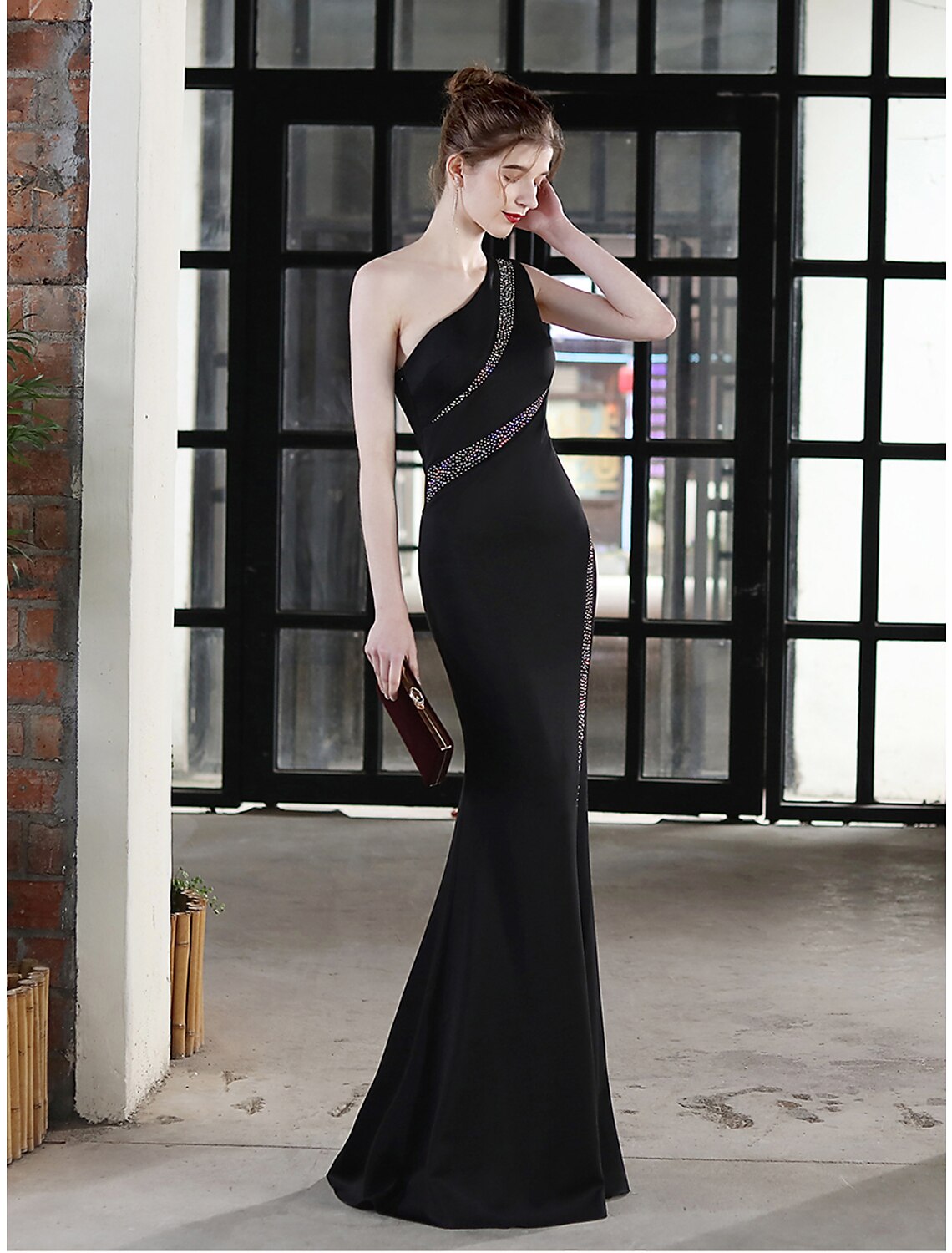 Mermaid / Trumpet Evening Gown Sexy Dress Wedding Guest Floor Length Sleeveless One Shoulder Stretch Satin with Crystals