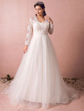 Hall Sparkle & Shine Wedding Dresses A-Line Illusion Neck Long Sleeve Court Train Satin Bridal Gowns With Buttons Ruched