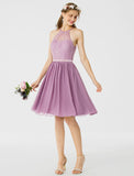 A-Line / Princess Halter Neck Knee Length Chiffon / Corded Lace Bridesmaid Dress with Sash / Ribbon / Pleats