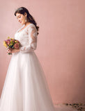 Hall Sparkle & Shine Wedding Dresses A-Line Illusion Neck Long Sleeve Court Train Satin Bridal Gowns With Buttons Ruched