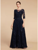 A-Line Mother of the Bride Dress Formal Wedding Guest Elegant Party Scoop Neck Floor Length Chiffon Lace 3/4 Length Sleeve with Sequin Appliques