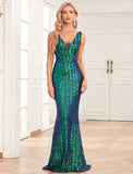 Mermaid / Trumpet Evening Gown Backless Dress Evening Party Floor Length Sleeveless V Neck Sequined Ladder Back with Glitter Sequin