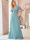 A-Line Evening Gown Empire Dress Wedding Guest Floor Length Short Sleeve V Neck Chiffon V Back with Ruffles Pure Color