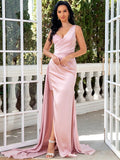Sheath / Column Evening Gown Sexy Dress Wedding Party Court Train Sleeveless One Shoulder Satin with Pearls Sequin Slit