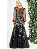 Mermaid / Trumpet Evening Gown Elegant Dress Formal Floor Length Long Sleeve Jewel Neck Tulle with Sequin