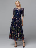 A-Line Floral Dress Holiday Tea Length Half Sleeve Illusion Neck Lace with Embroidery Appliques