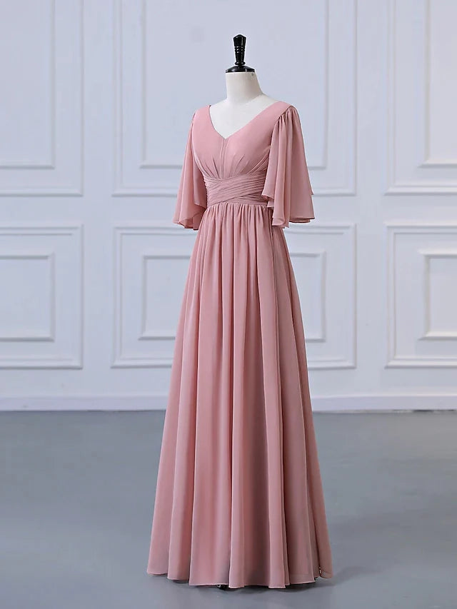 A-Line Bridesmaid Dress V Neck Half Sleeve Elegant Floor Length Chiffo ...
