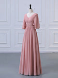 A-Line Bridesmaid Dress V Neck Half Sleeve Elegant Floor Length Chiffon with Pleats / Ruffles