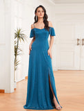 New Off Shoulder A-Line Side Split Sparkle Chiffon Bridesmaid Dress Adjustable Spaghetti Strap Ruffle Plus Size Evening