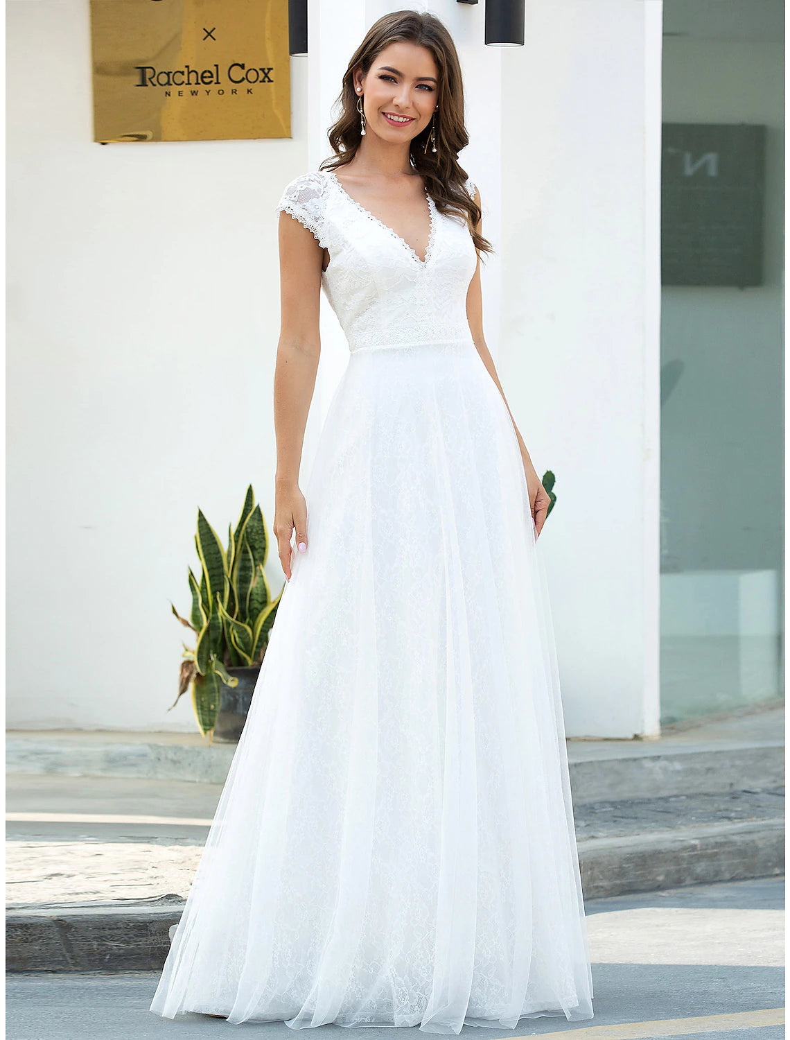 Beach Wedding Dresses Floor Length A-Line Cap Sleeve V Neck Lace With Lace