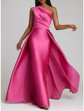 Sheath / Column Evening Gown Elegant Dress Wedding Guest Cocktail Party Floor Length Sleeveless One Shoulder Satin with Overskirt Pure Color