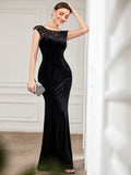 Mermaid / Trumpet Evening Gown Elegant Dress Formal Floor Length Short Sleeve Jewel Neck Velvet with Lace Insert