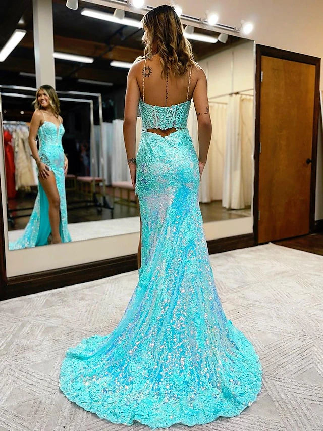 Mermaid / Trumpet Prom Dresses High Split Dress Formal Court Train Sleeveless V Neck Sequined with Slit Appliques