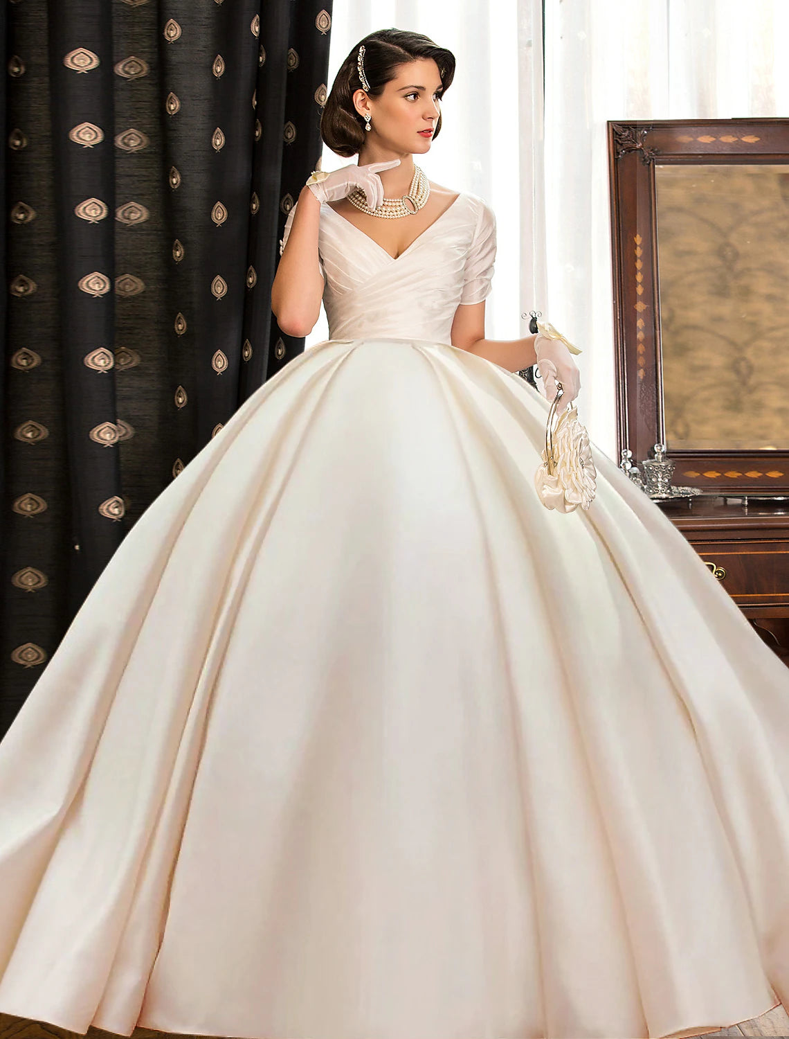 Engagement Formal Wedding Dresses Ball Gown V Neck Short Sleeve Court Train Satin Bridal Gowns With Ruched Solid Color