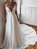 Beach Open Back Boho Wedding Dresses Chapel Train A-Line Spaghetti Strap V Neck Chiffon With Appliques Solid Color