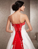 Open Back Wedding Dresses Sweep / Brush Train Ball Gown Strapless Strapless Satin With Embroidery Appliques