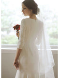 Reception Little White Dresses Wedding Dresses Mermaid / Trumpet V Neck 3/4 Length Sleeve Asymmetrical Satin Bridal Gowns With