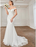 Reception Vintage Wedding Dresses A-Line Off Shoulder Cap Sleeve Sweep / Brush Train Lace Bridal Gowns With Lace Appliques