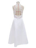 Reception Little White Dresses Wedding Dresses A-Line Halter Sleeveless Tea Length Satin Bridal Gowns With Solid Color
