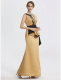 Sheath / Column Evening Gown Elegant Dress Formal Floor Length Sleeveless Jewel Neck Satin with Embroidery Appliques