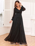 A-Line Evening Gown Empire Dress Party Wear Floor Length Long Sleeve V Neck Tulle V Back with Glitter Slit