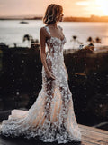 Beach Sexy Boho Wedding Dresses Court Train Mermaid / Trumpet Sleeveless V Neck Lace With Appliques
