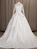Engagement Formal Wedding Dresses A-Line Illusion Neck Long Sleeve Court Train Satin Bridal Gowns With Pleats Appliques