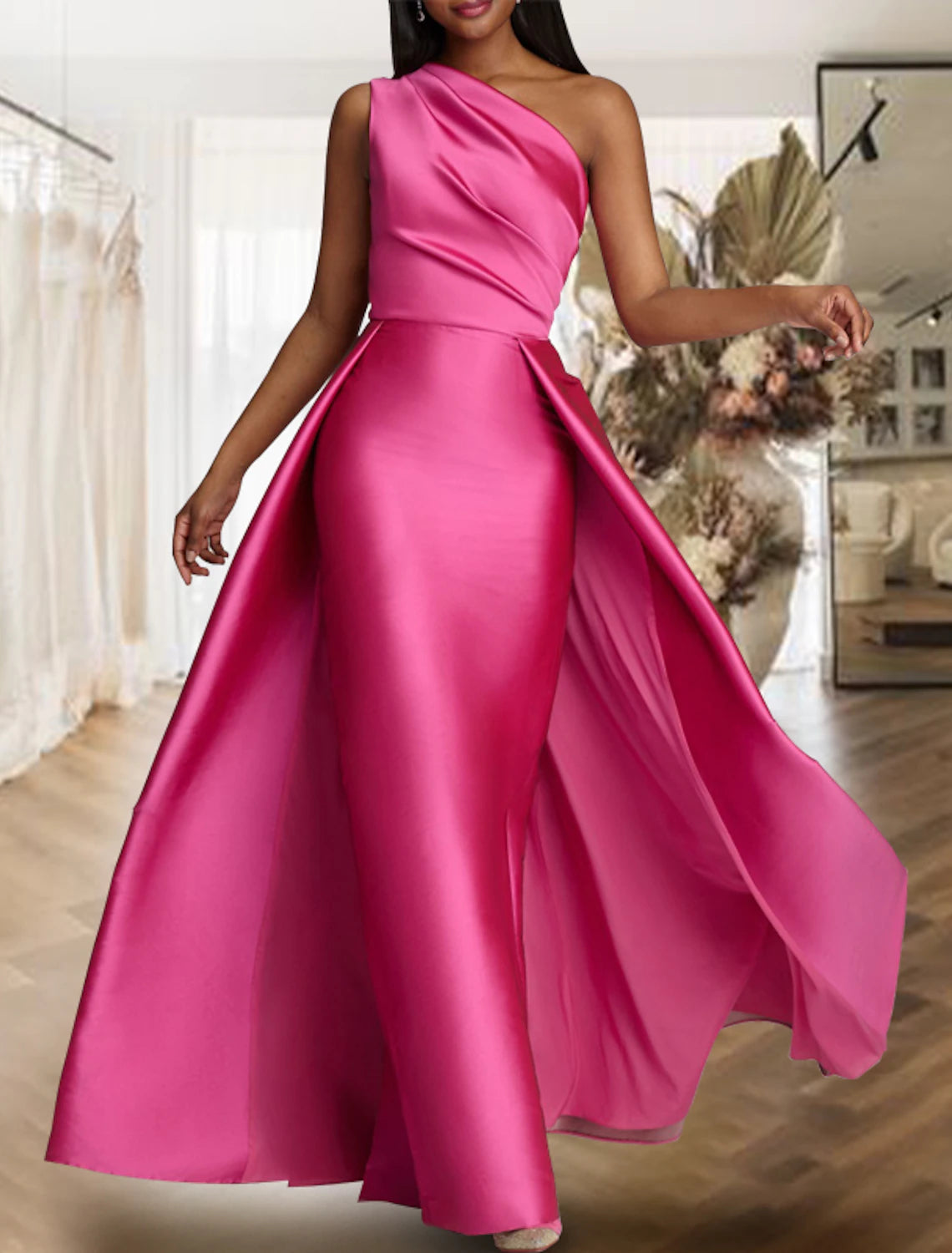 Sheath / Column Evening Gown Luxurious Dress Wedding Guest Floor Length Sleeveless One Shoulder Satin with Overskirt Pure Color