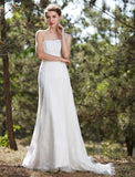 Wedding Dresses A-Line Strapless Sleeveless Court Train Satin Bridal Gowns With Lace