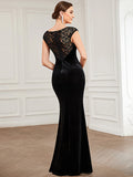 Mermaid / Trumpet Evening Gown Elegant Dress Formal Floor Length Short Sleeve Jewel Neck Velvet with Lace Insert