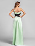 A-Line One Shoulder Floor Length Satin Bridesmaid Dress with Crystal Brooch