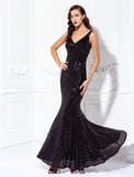 Sheath / Column Elegant Dress Wedding Guest Floor Length Sleeveless V Neck Sequined V Back with Sequin