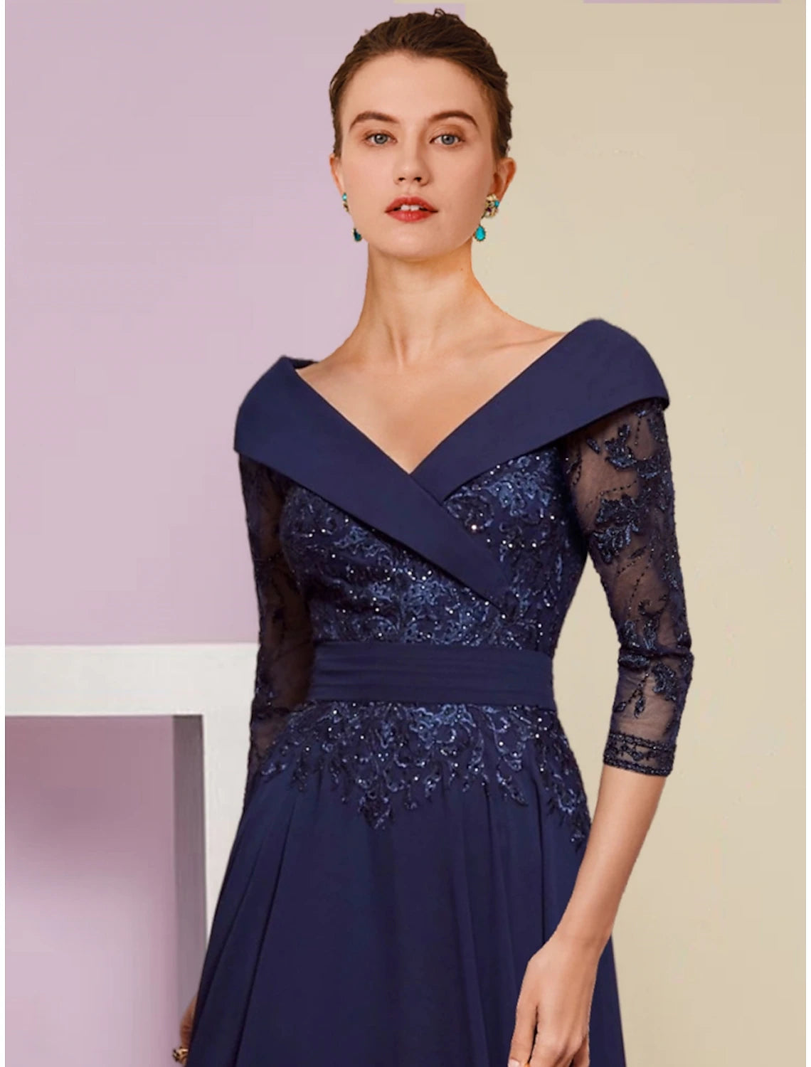 A-Line Mother of the Bride Dress Wedding Guest Elegant V Neck Ankle Le ...