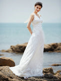 Wedding Dresses Sheath / Column V Neck Sleeveless Court Train Lace Bridal Gowns With Appliques Button