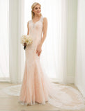 Hall Wedding Dresses Mermaid / Trumpet Plunging Neck Sleeveless Chapel Train Lace Bridal Gowns With Buttons Appliques