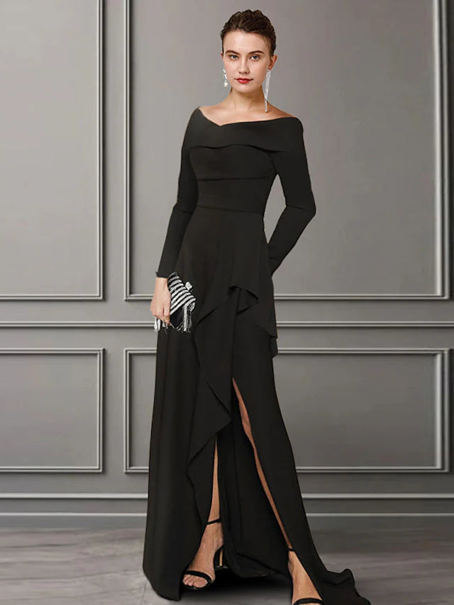A-Line Mother of the Bride Dress Elegant Off Shoulder Sweep / Brush Train Lace Stretch Fabric Long Sleeve with Ruched Split Front