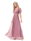 A-Line Evening Gown Empire Dress Wedding Guest Floor Length Short Sleeve V Neck Tulle with Ruched Ruffles