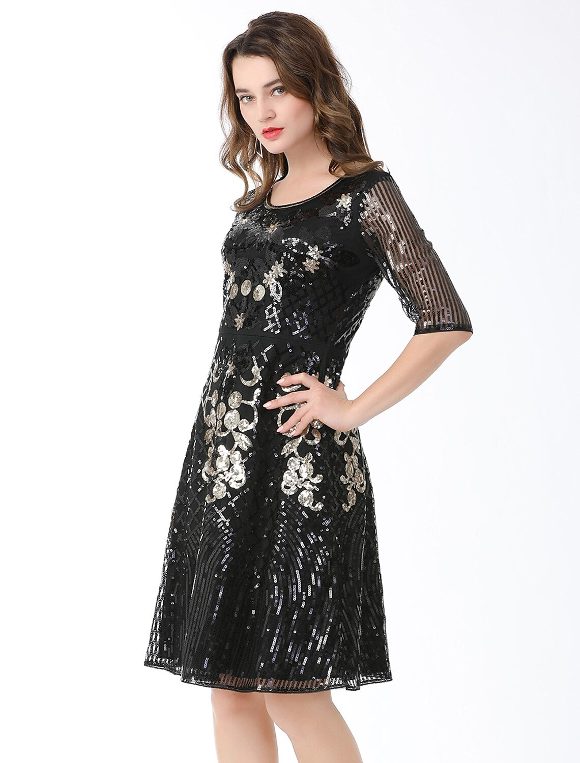 A-Line Cocktail Dresses Vintage Dress Holiday Knee Length Half Sleeve Jewel Neck Cotton Blend with Sequin Splicing