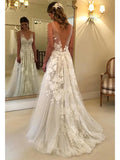 Beach Boho Wedding Dresses Sweep / Brush Train A-Line Sleeveless V Neck Lace With Appliques